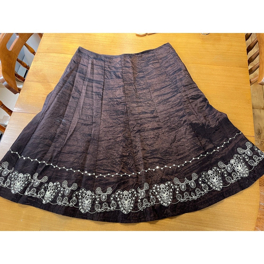 Chocolate Brown Embroidered Sequin Crinkle Taffeta A-Line Midi Skirt Womens